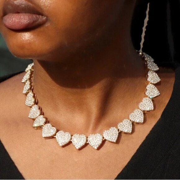 Gold Plated Heart Crystal Necklace Paved, Ice Out, Bling, Choker - Picture 3 of 14